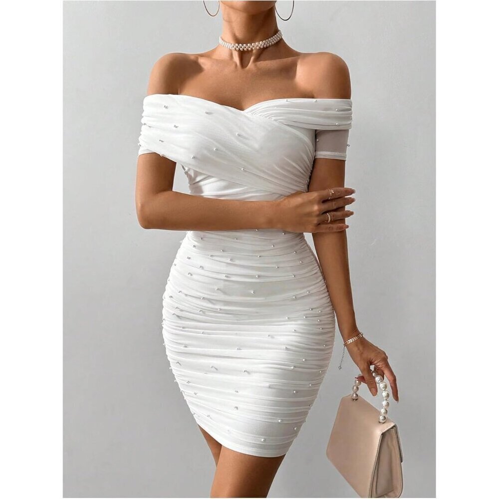 Womens Pearl Beaded Off Shoulder Short Sleeve Bodycon Party White Dress - Picture 5 of 6